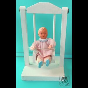 Vintage Dollhouse Baby Doll 1:12 Scale Wooden Swing Pink Moveable Joints 1950s